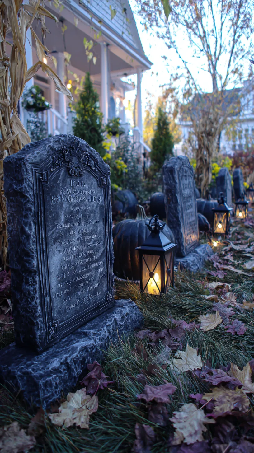 DIY tombstone prop with deeply carved lettering standing in wet grass — photo 5 of 5
