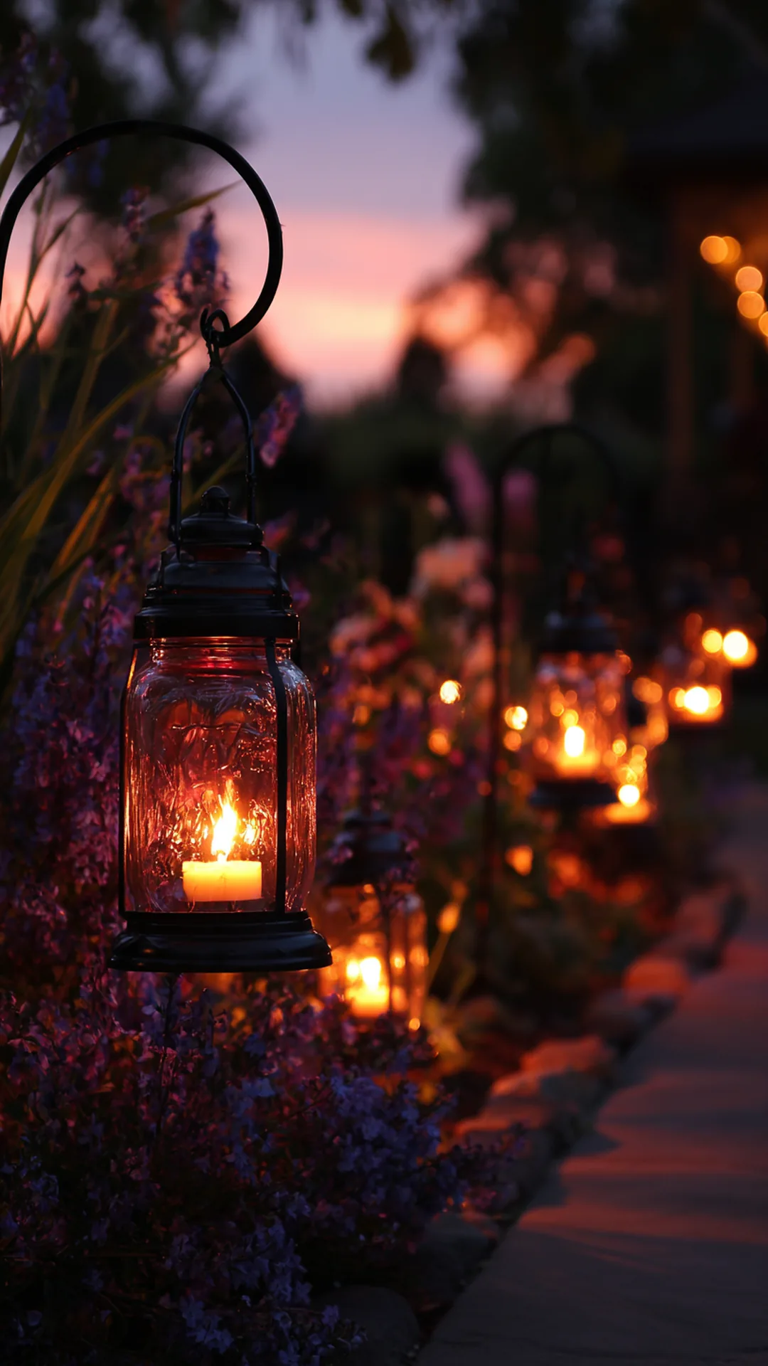 mason jar lanterns hanging from shepherd hooks by a walkway — photo 2 of 2