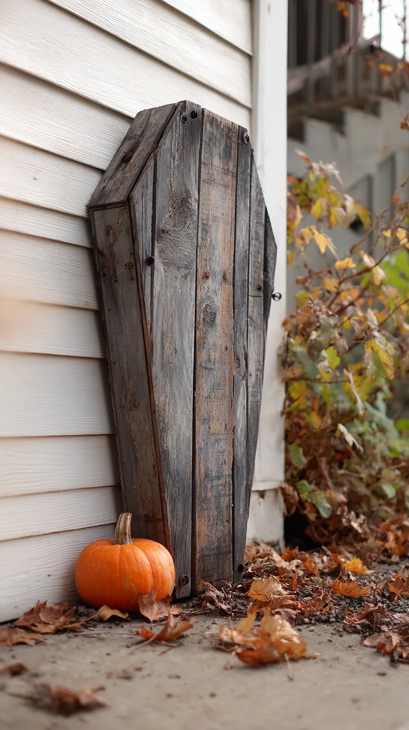 DIY pallet wood coffin prop leaning against a white clapboard wall with a pumpkin at its base — photo 1 of 2