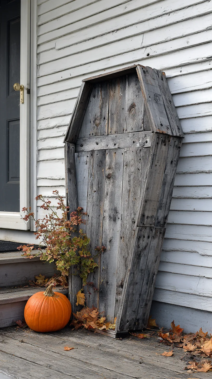 DIY pallet wood coffin prop leaning against a white clapboard wall with a pumpkin at its base — photo 2 of 2