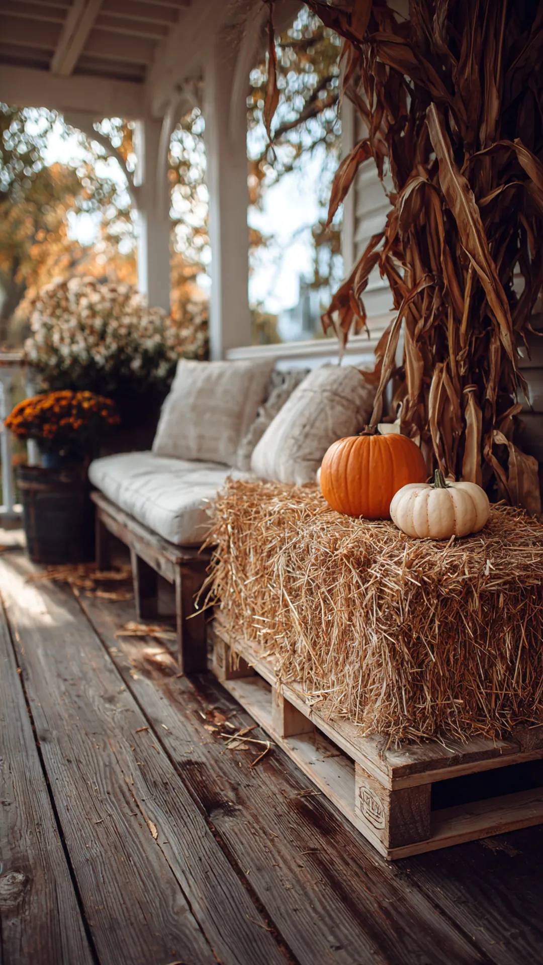 straw bales raised on a pallet with pumpkins and cornstalks — photo 1 of 2
