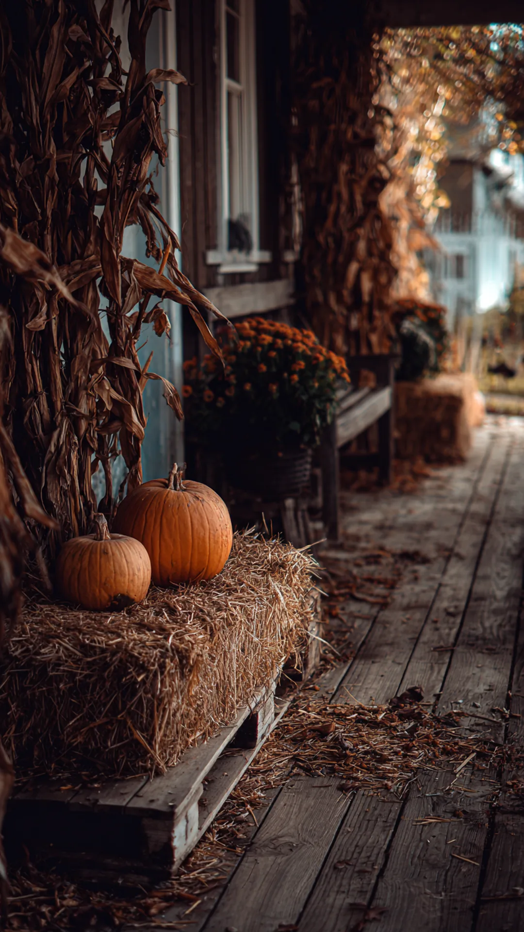 straw bales raised on a pallet with pumpkins and cornstalks — photo 2 of 2