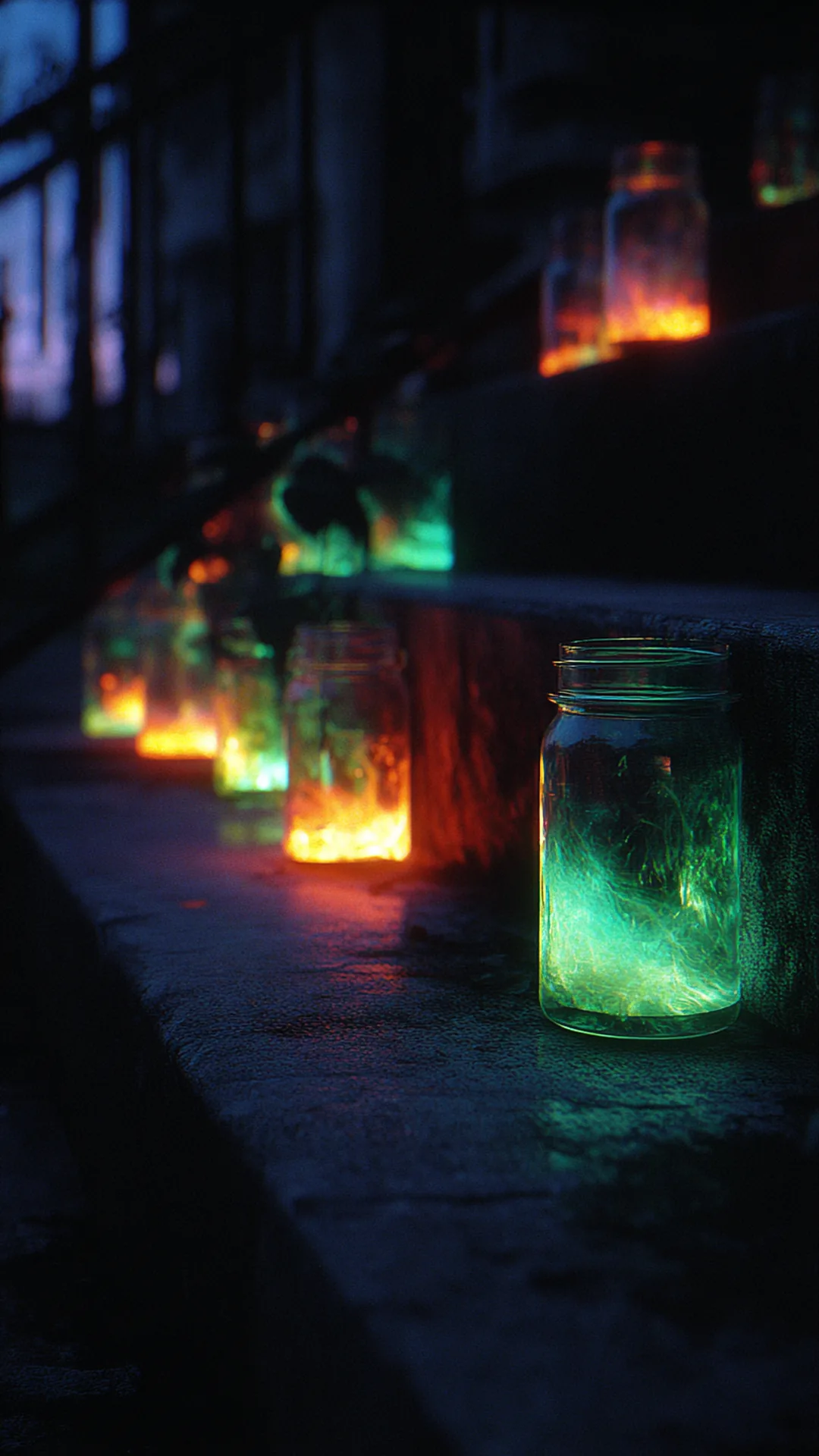 glass jars filled with glowing sticks lining porch steps — photo 2 of 2