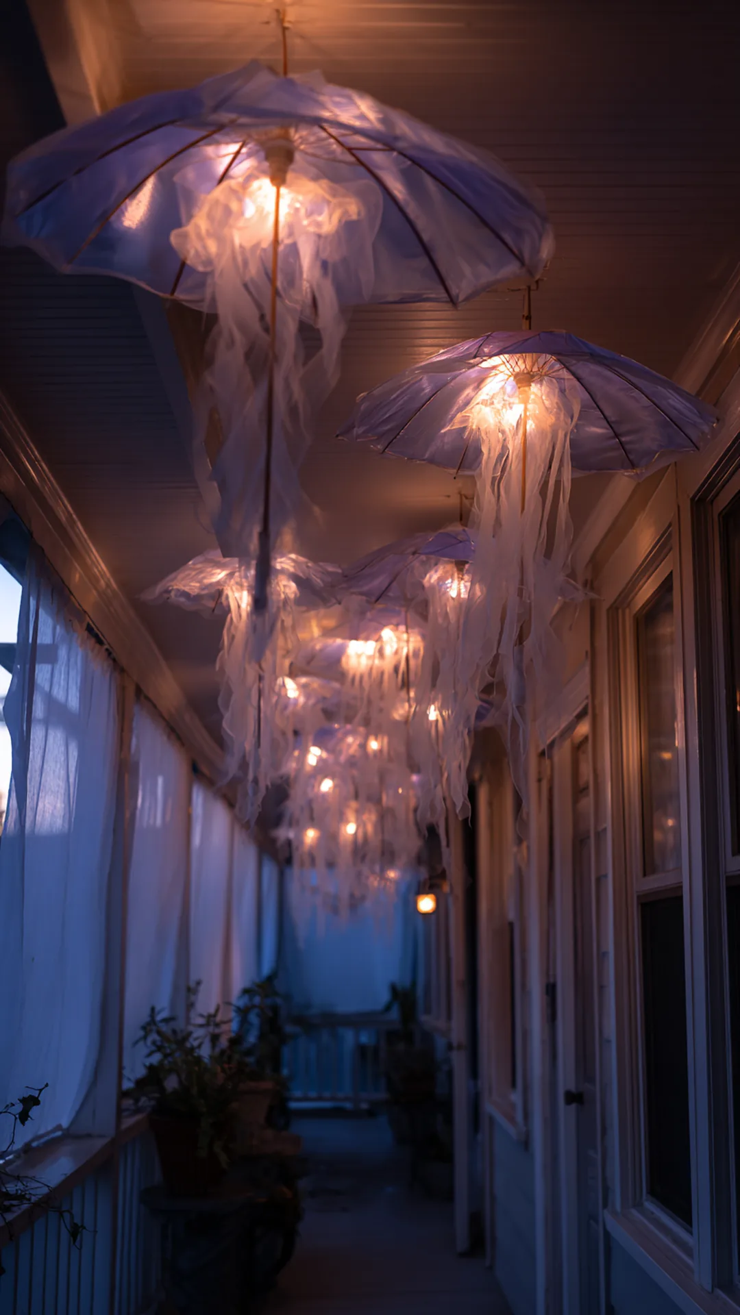 upside down umbrella jellyfish ghosts hanging from a porch ceiling — photo 1 of 2