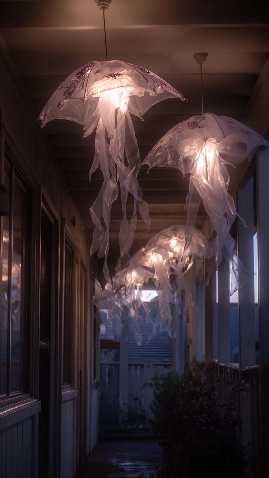 upside down umbrella jellyfish ghosts hanging from a porch ceiling — photo 2 of 2