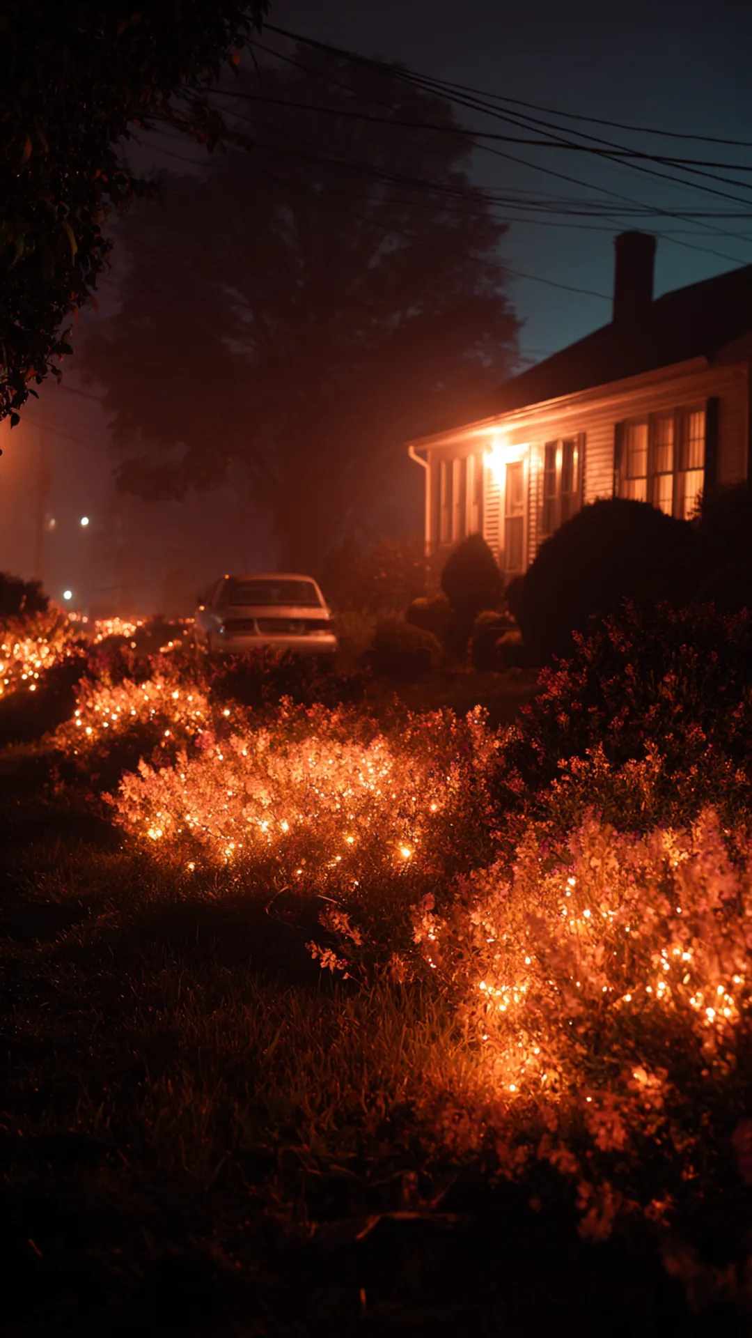 orange net lights draped over front yard shrubs at night — photo 1 of 2