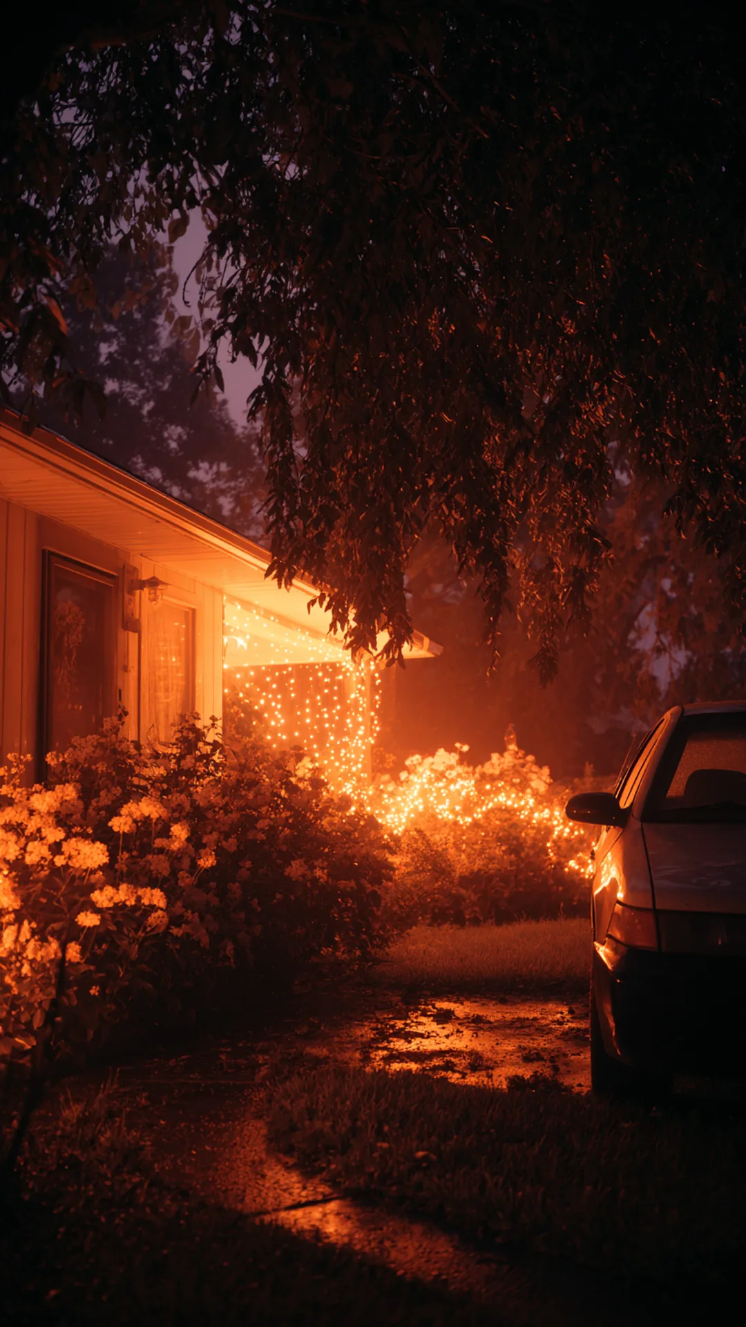orange net lights draped over front yard shrubs at night — photo 2 of 2