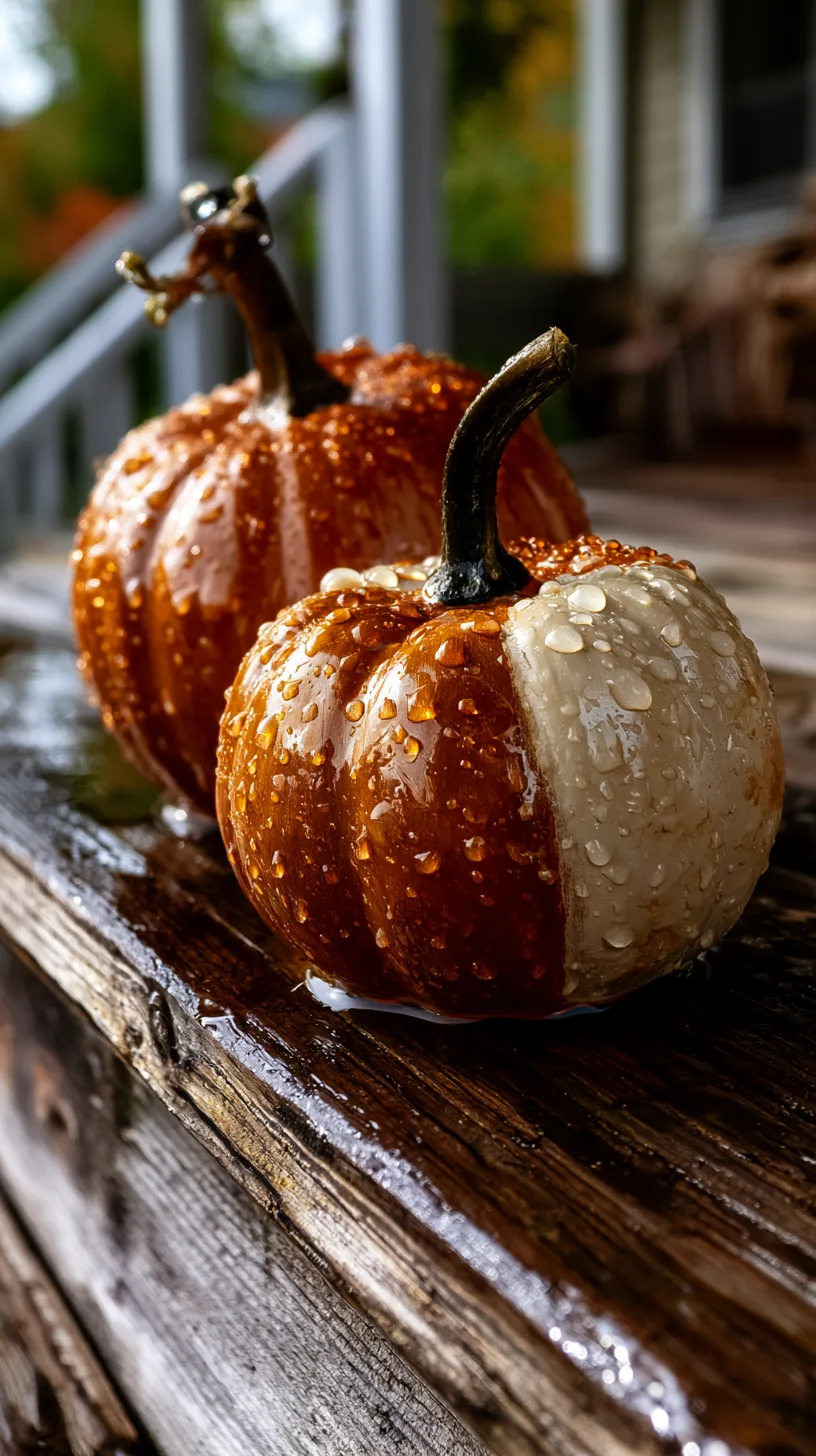 painted ghost faces on real pumpkins on wet porch steps — photo 3 of 5