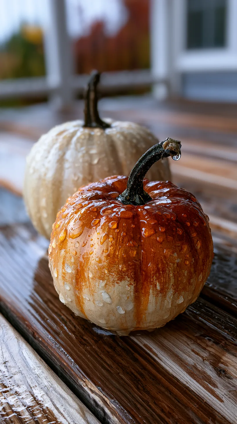 painted ghost faces on real pumpkins on wet porch steps — photo 4 of 5
