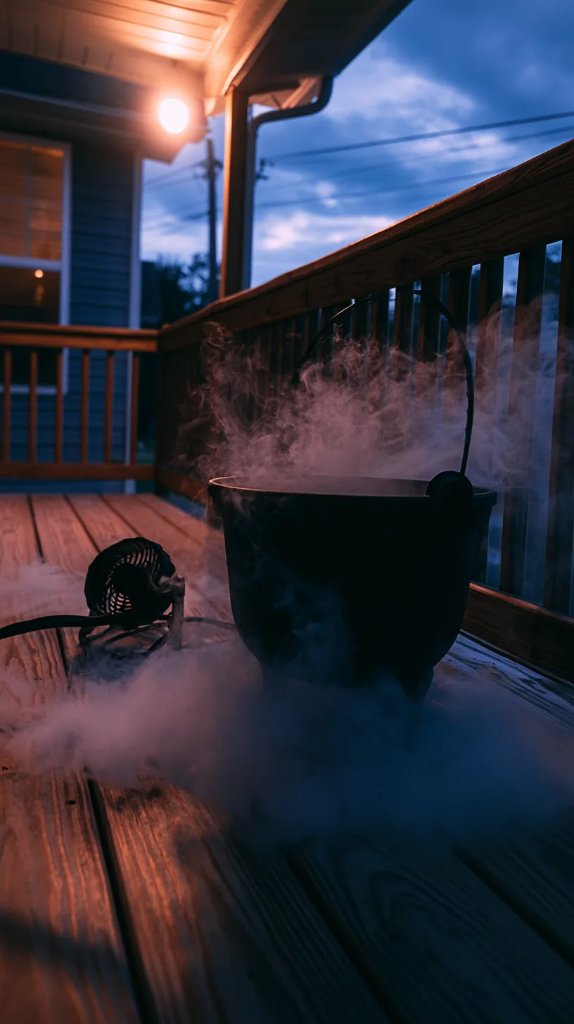 black cauldron releasing low mist on a porch floor — photo 7 of 10