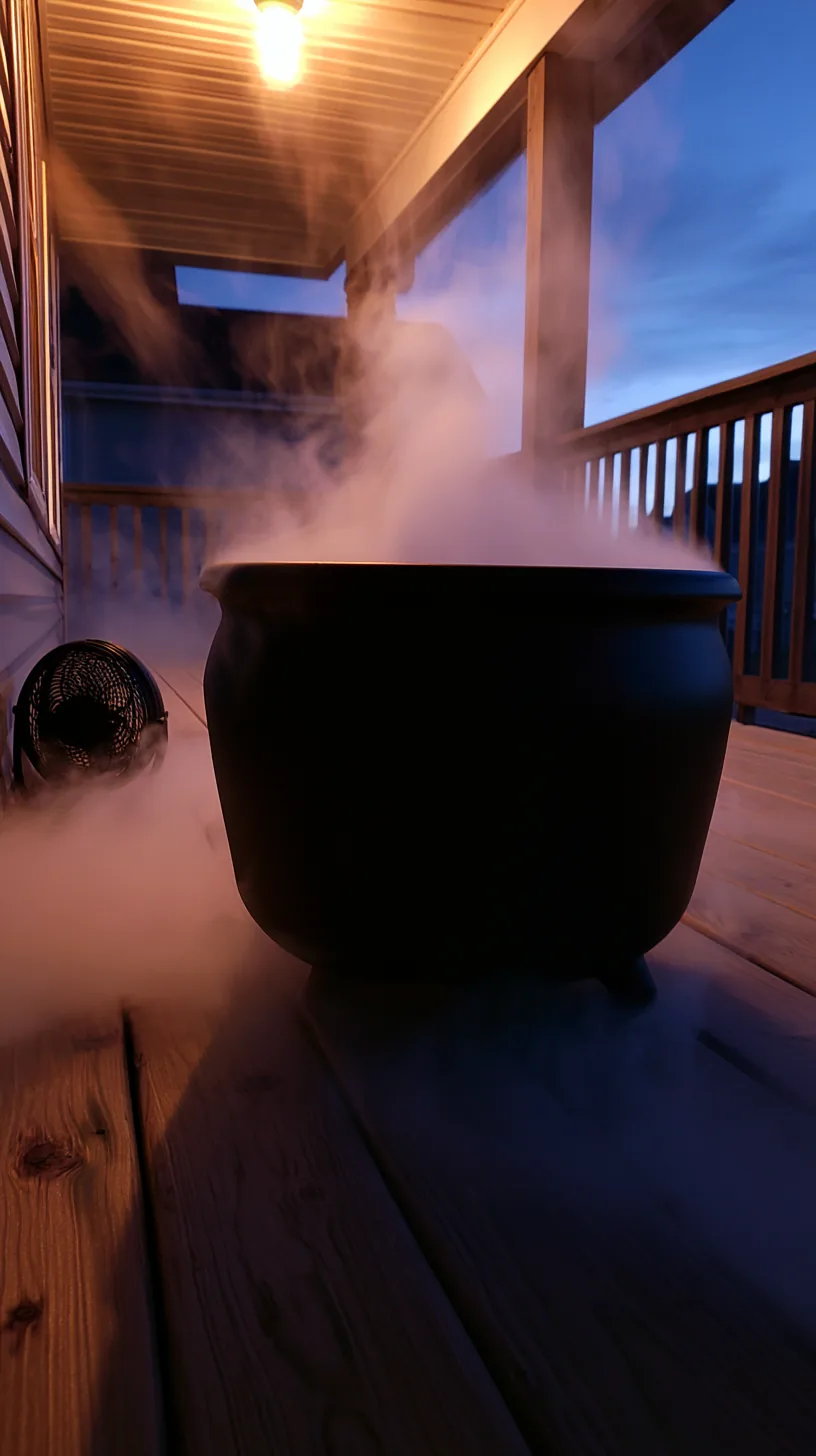 black cauldron releasing low mist on a porch floor — photo 8 of 10