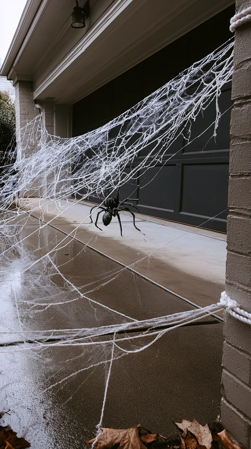stretchy spider web stretched across a garage front with a giant fake spider — photo 5 of 7