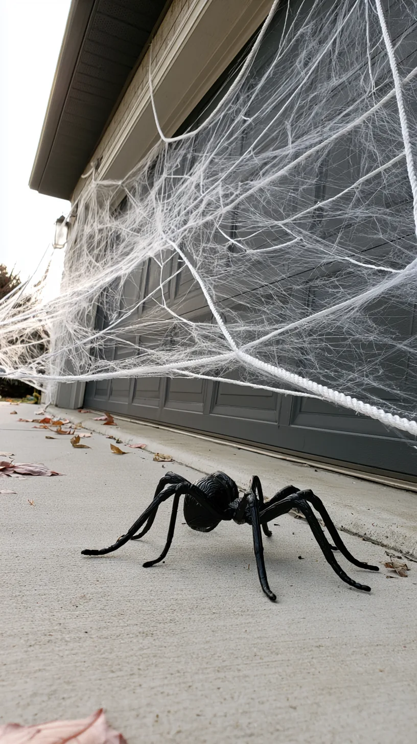 stretchy spider web stretched across a garage front with a giant fake spider — photo 6 of 7