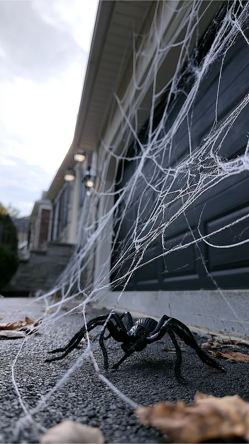stretchy spider web stretched across a garage front with a giant fake spider — photo 7 of 7