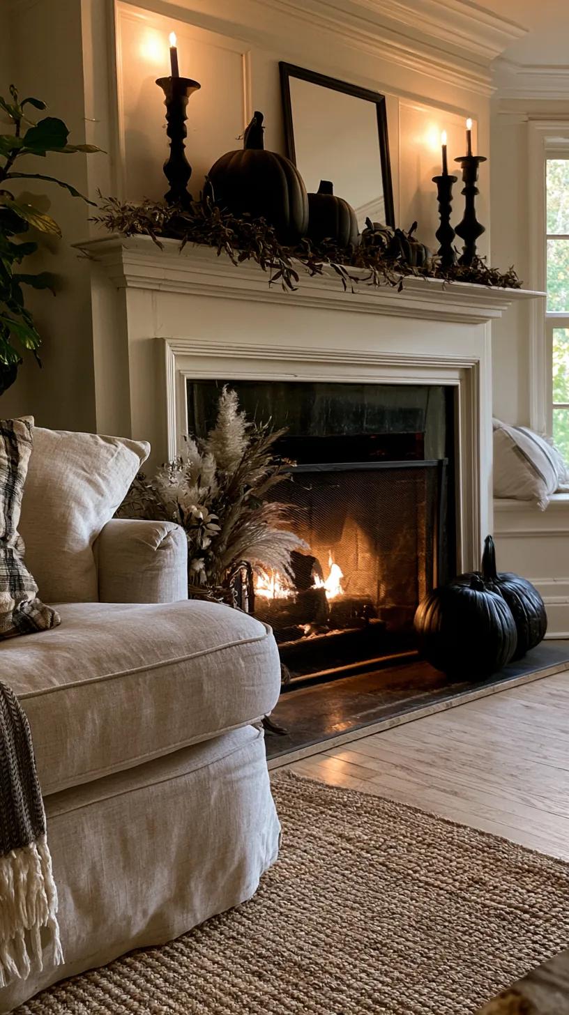 a narrow fireplace mantel decorated for Halloween with everything pushed back from the front edge, photo 1 of 4
