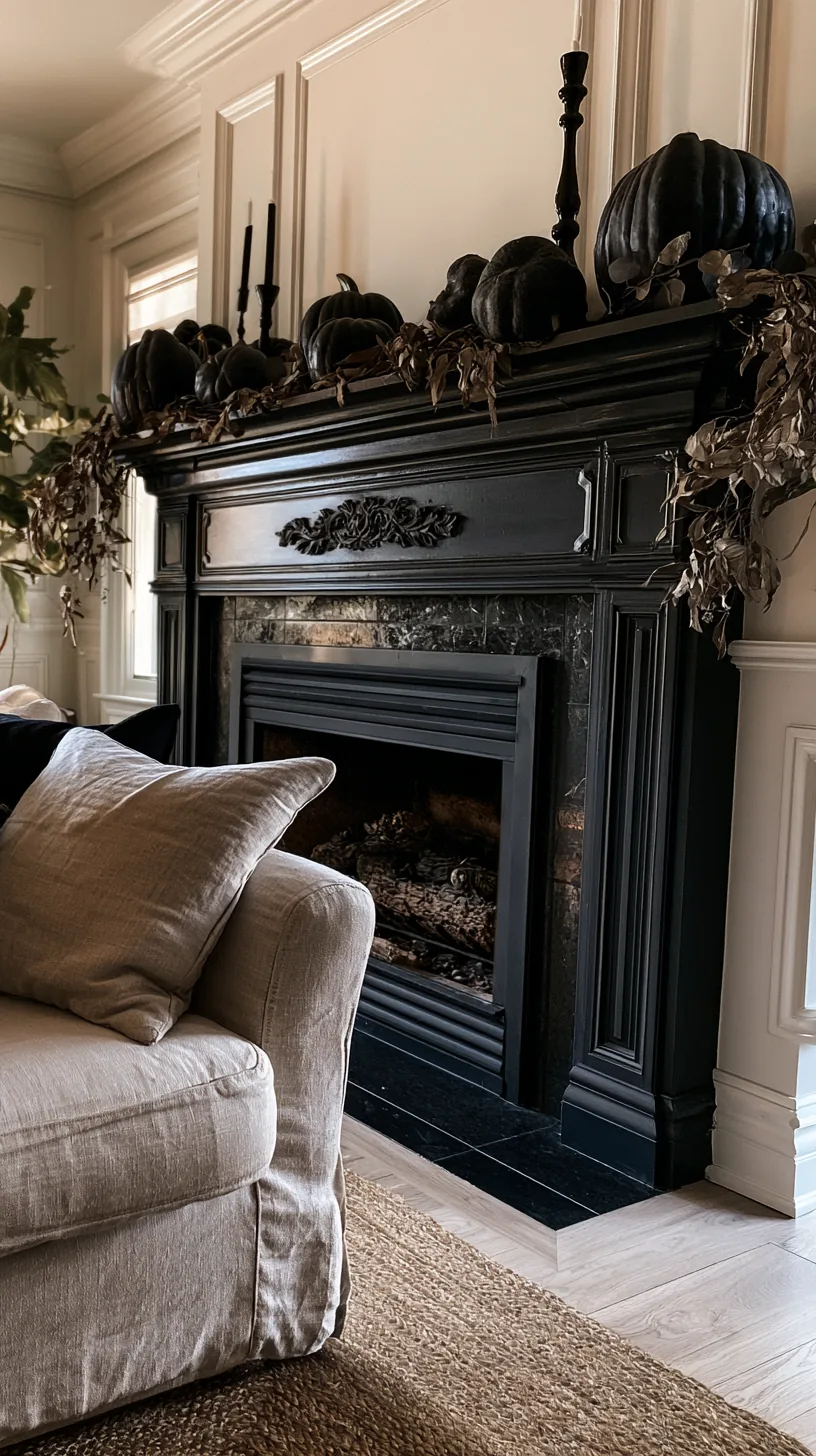 a narrow fireplace mantel decorated for Halloween with everything pushed back from the front edge, photo 2 of 4