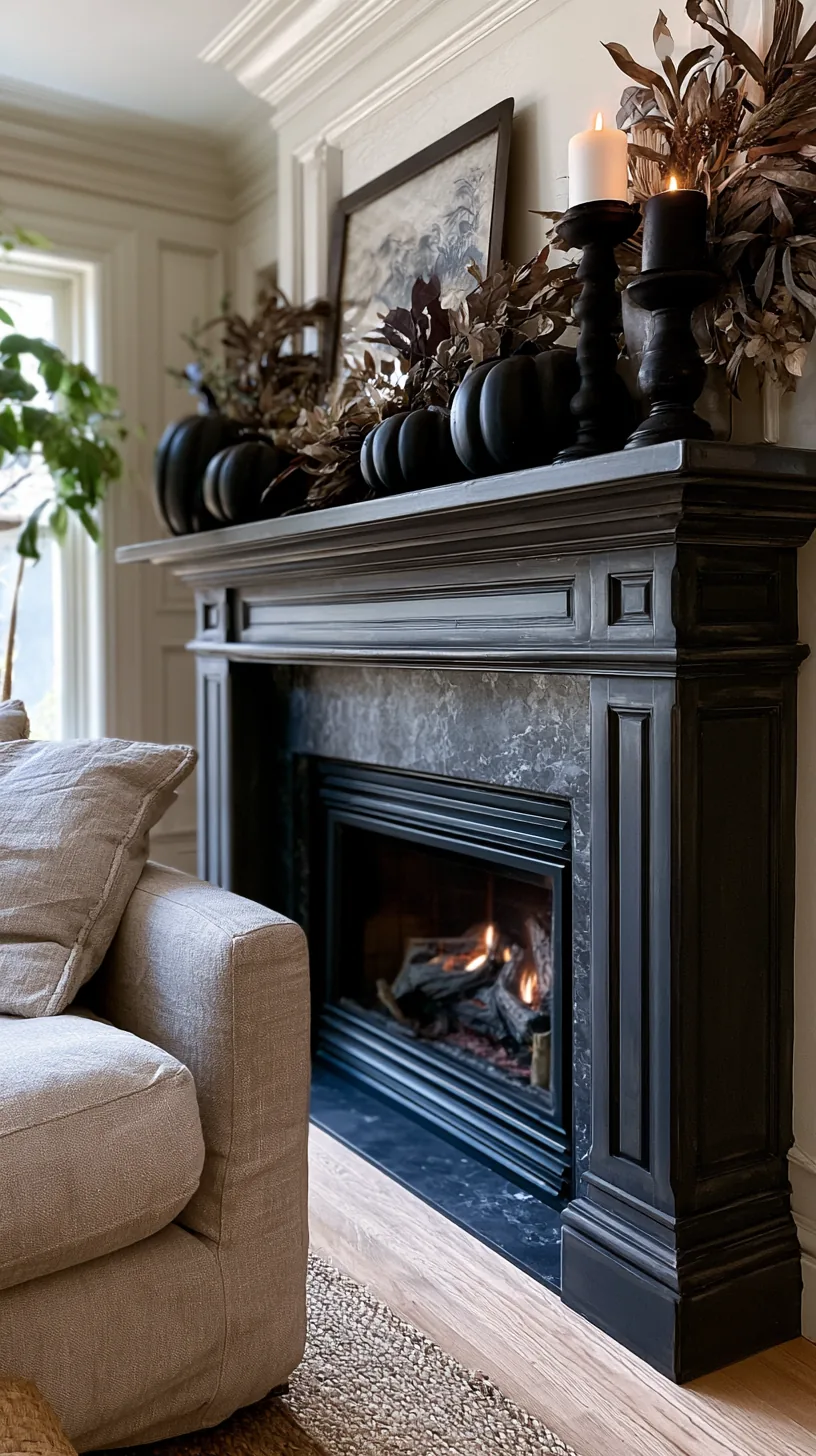 a narrow fireplace mantel decorated for Halloween with everything pushed back from the front edge, photo 3 of 4
