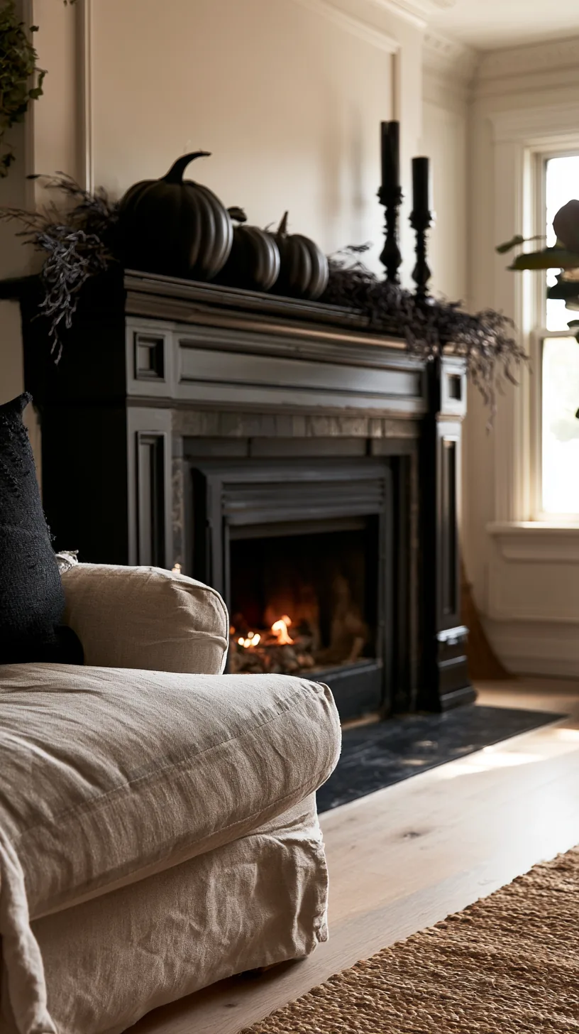 a narrow fireplace mantel decorated for Halloween with everything pushed back from the front edge, photo 4 of 4