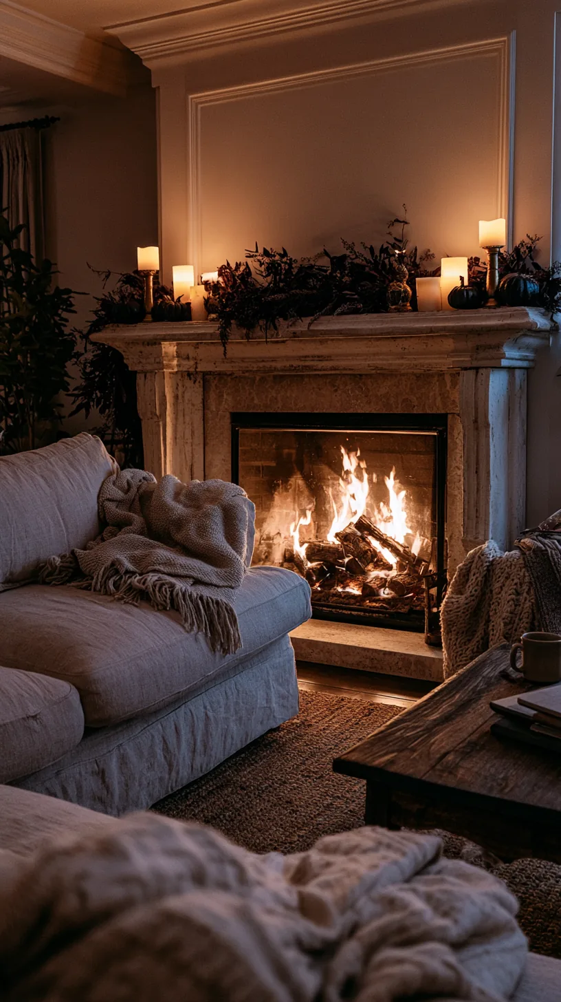 a Halloween mantel with flameless candles above a working fireplace, photo 1 of 4