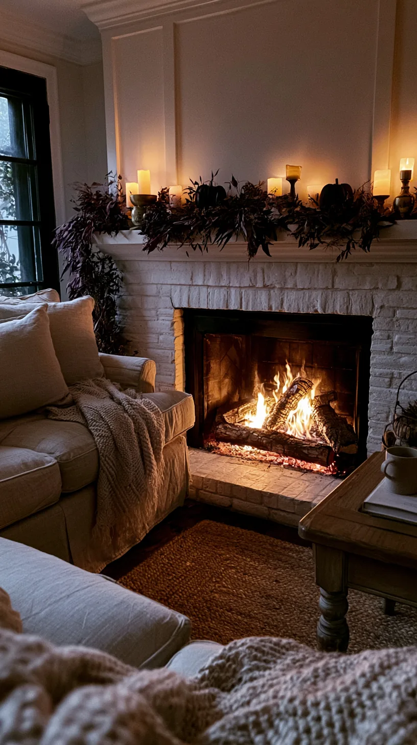 a Halloween mantel with flameless candles above a working fireplace, photo 2 of 4