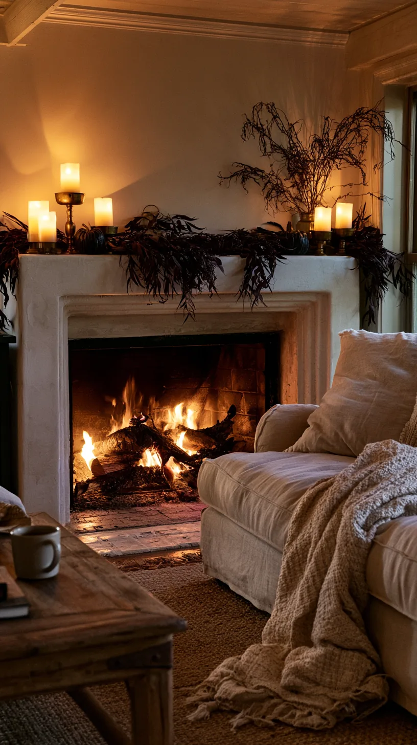 a Halloween mantel with flameless candles above a working fireplace, photo 4 of 4