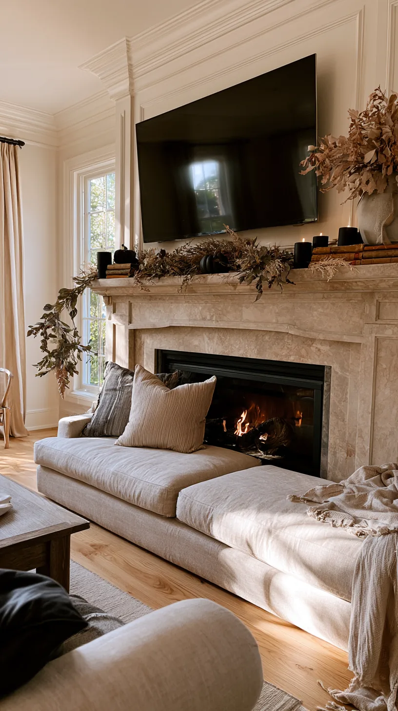 a low wide Halloween mantel arrangement under a television above the fireplace, photo 1 of 4