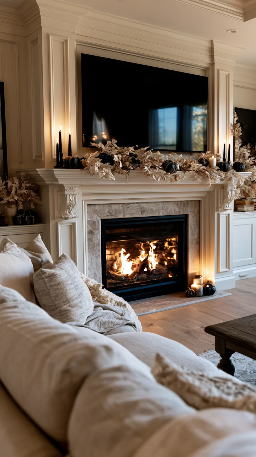 a low wide Halloween mantel arrangement under a television above the fireplace, photo 2 of 4