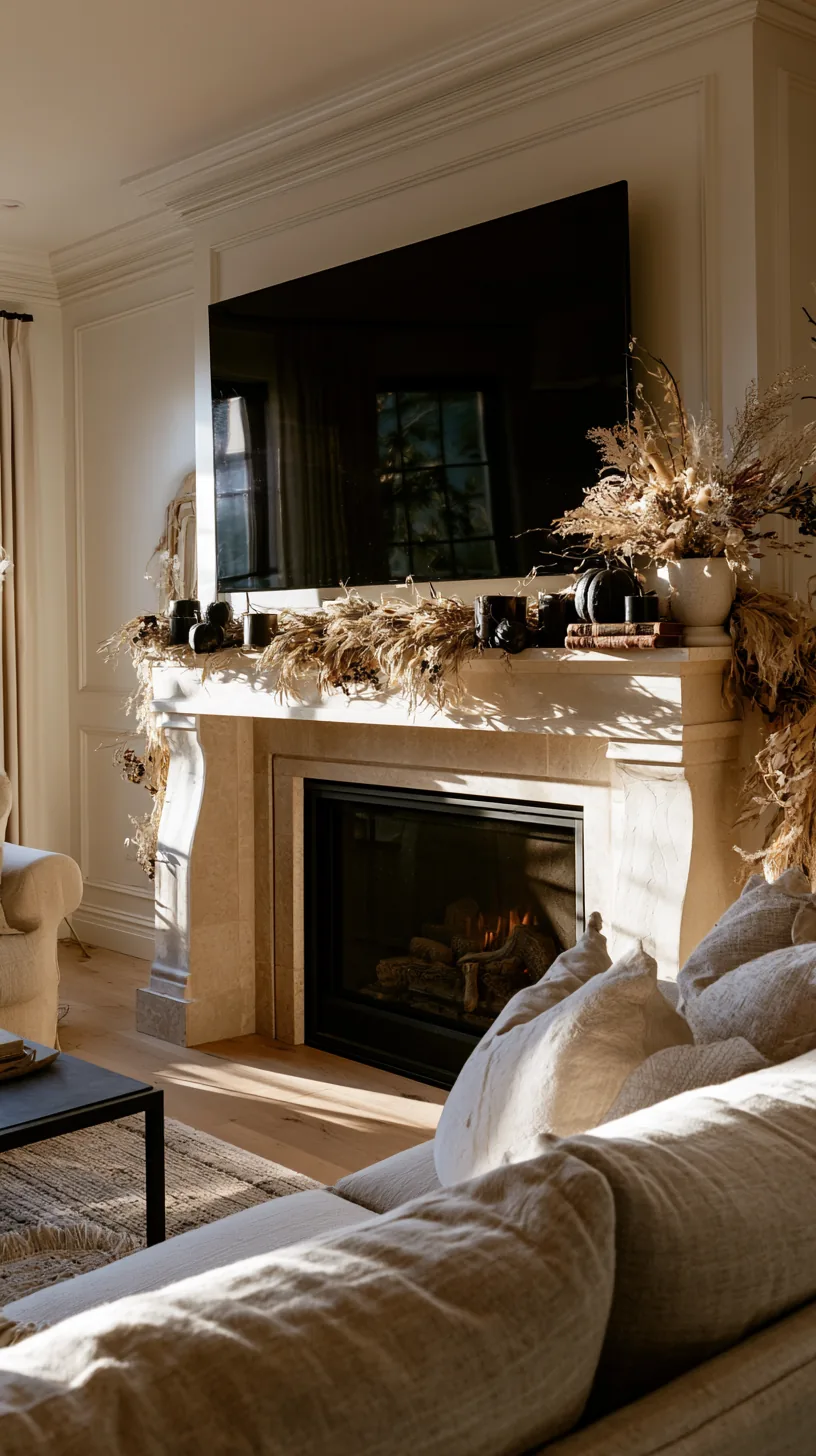 a low wide Halloween mantel arrangement under a television above the fireplace, photo 3 of 4