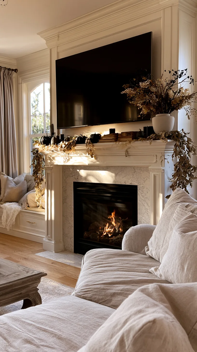 a low wide Halloween mantel arrangement under a television above the fireplace, photo 4 of 4