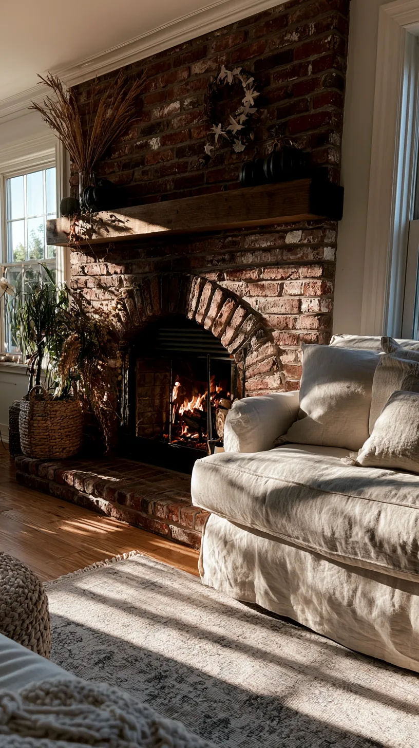 a brick fireplace decorated for Halloween without nails, photo 1 of 4