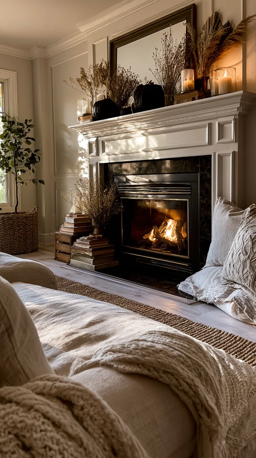 a Halloween mantel with height built from stacked books and risers, photo 1 of 4