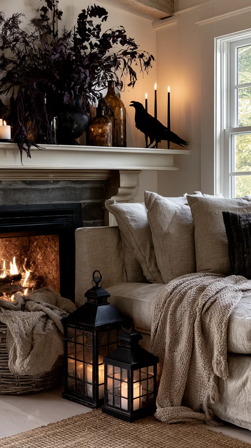 a family friendly Halloween mantel with dark botanicals and black candles, photo 1 of 4