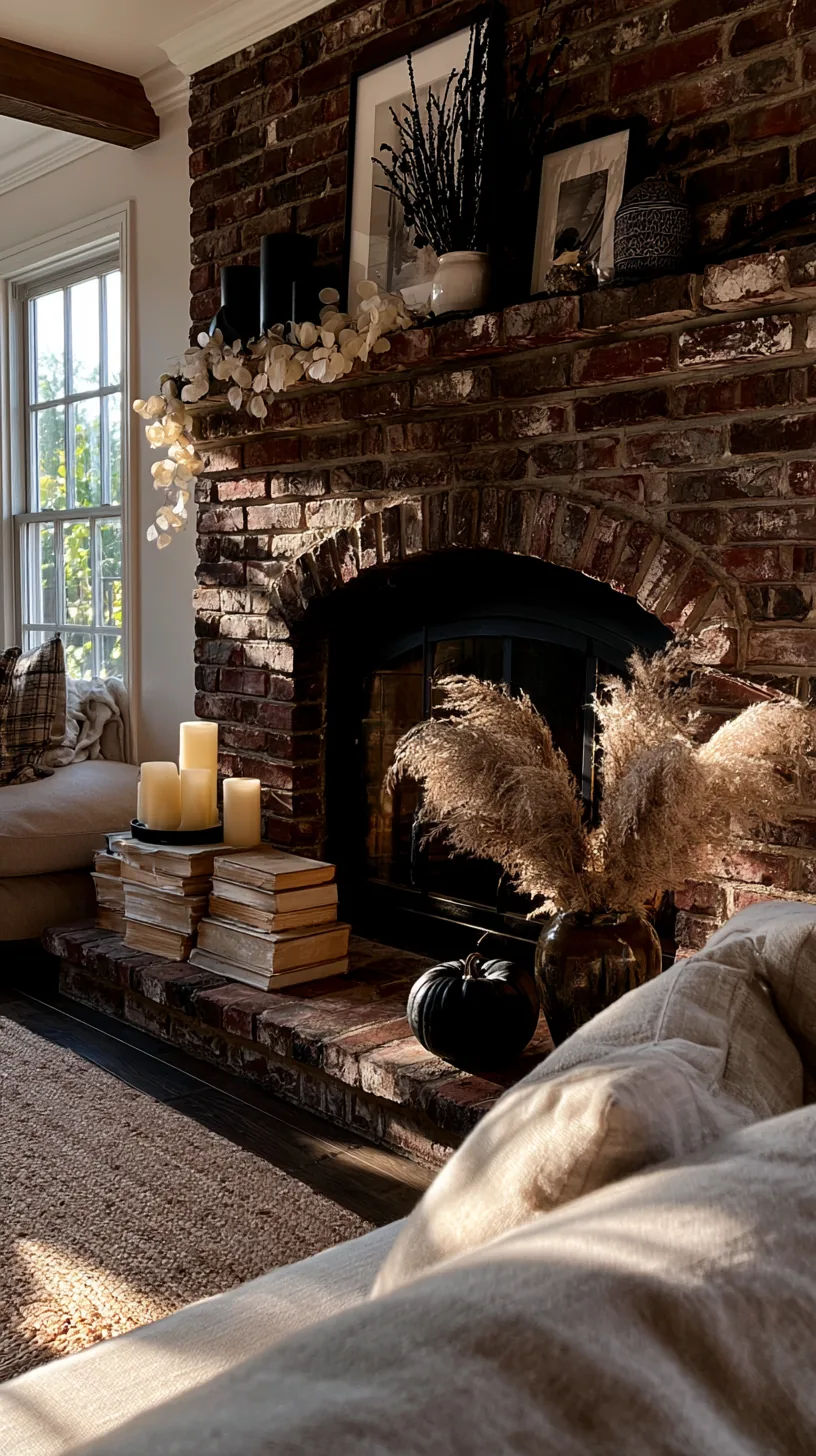 dark Halloween decor layered against pale pieces on a brick fireplace, photo 1 of 4