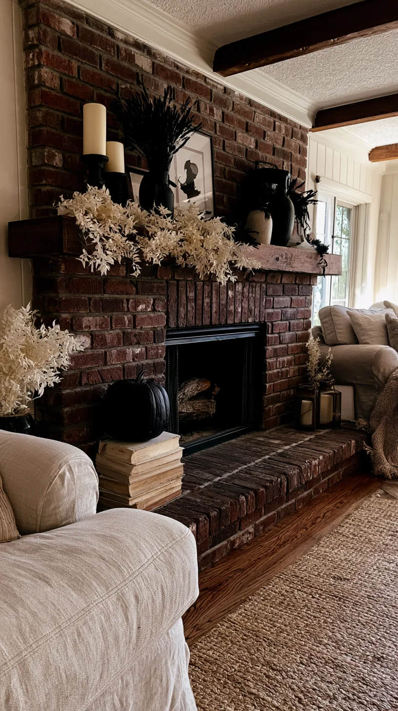 dark Halloween decor layered against pale pieces on a brick fireplace, photo 2 of 4