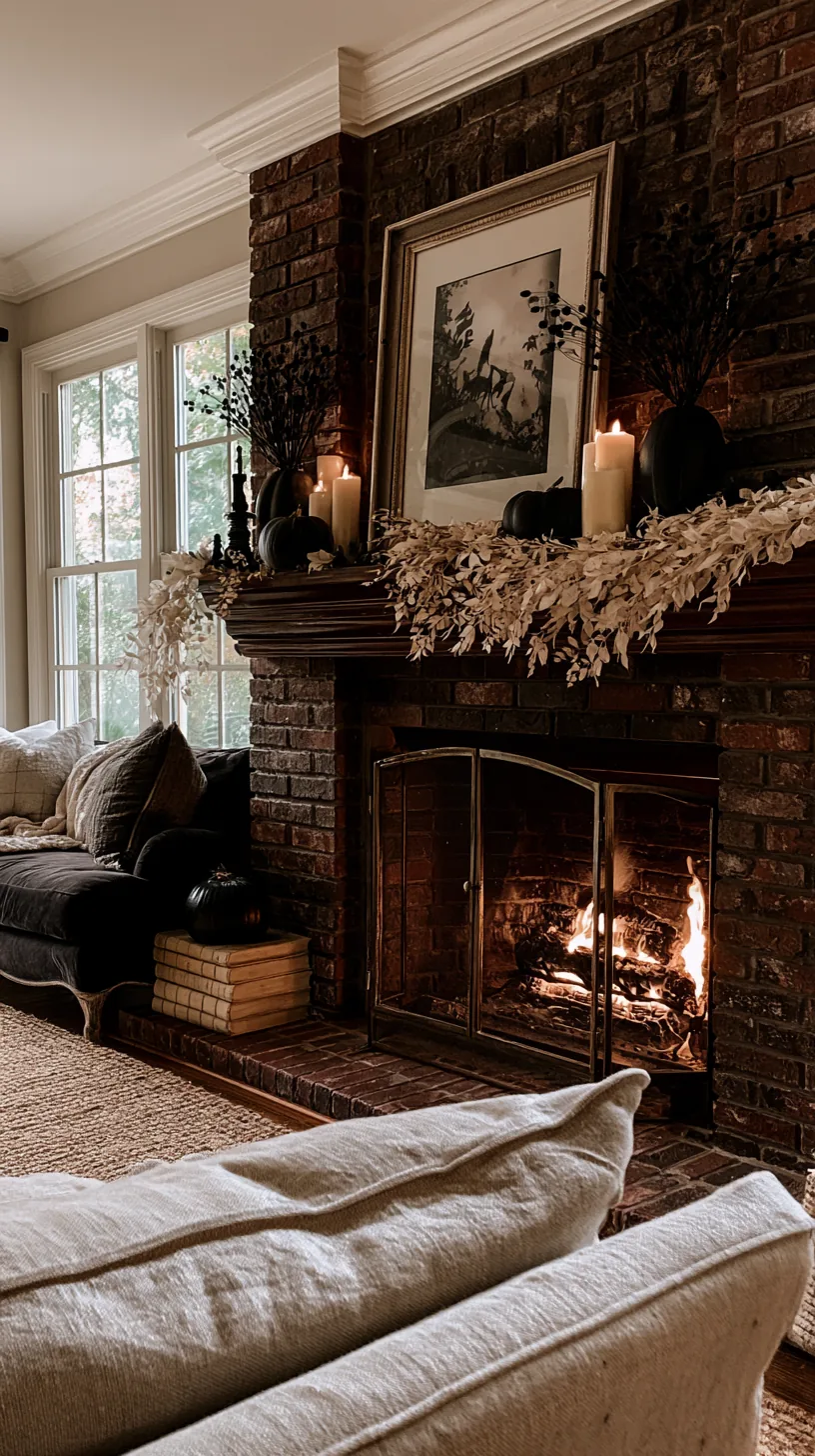 dark Halloween decor layered against pale pieces on a brick fireplace, photo 3 of 4