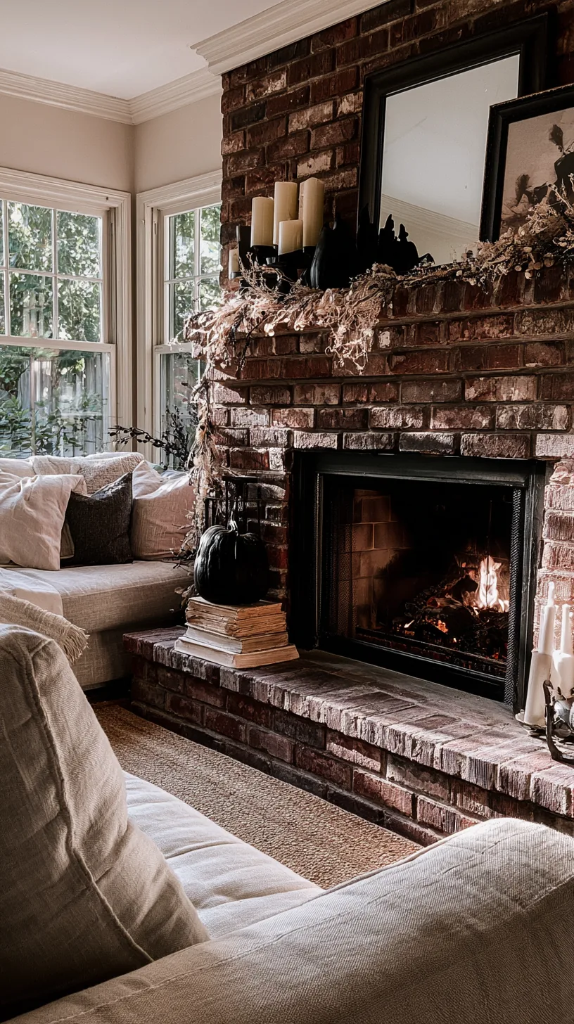 dark Halloween decor layered against pale pieces on a brick fireplace, photo 4 of 4