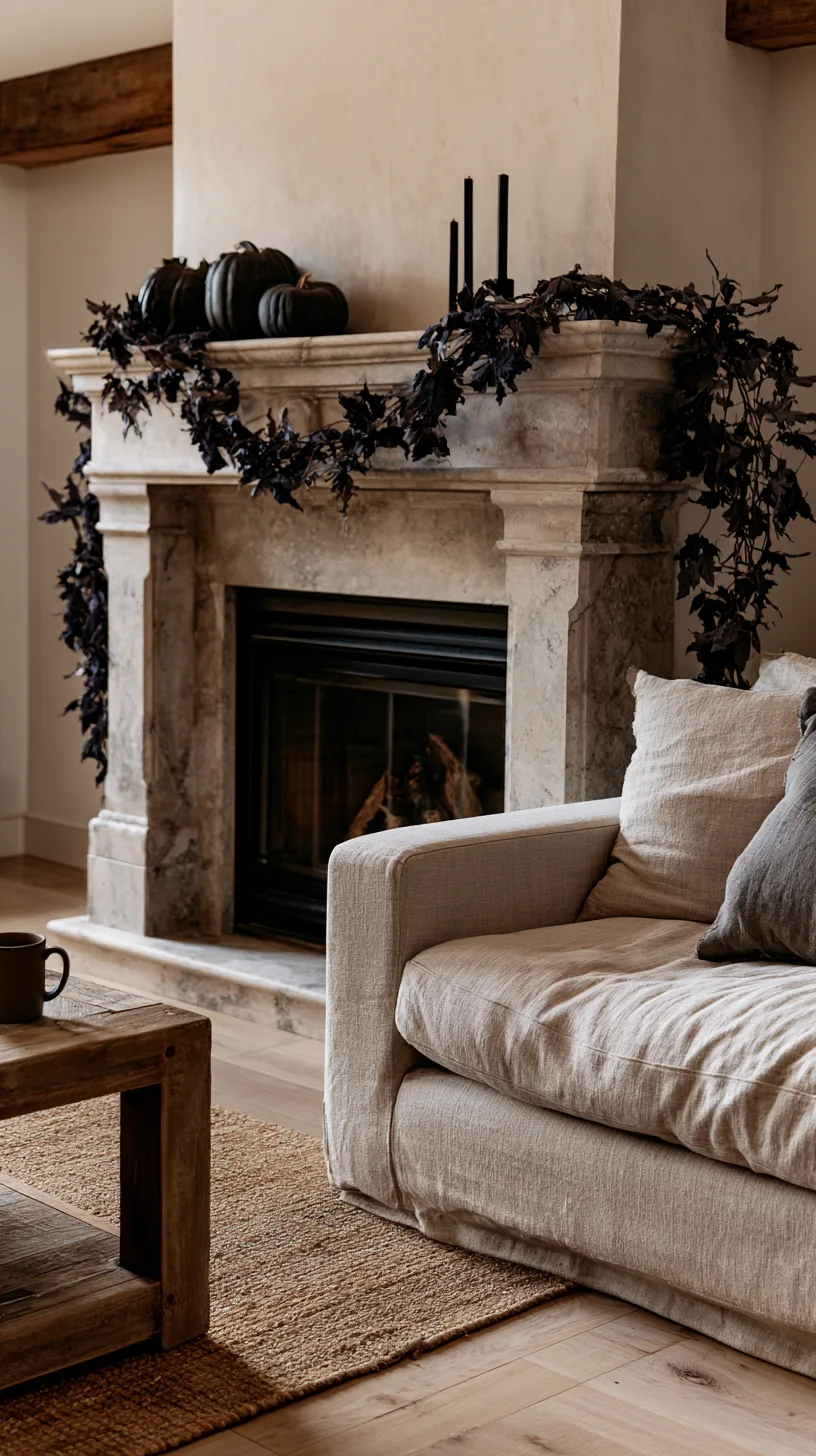 a Halloween garland anchored in swags under the front lip of the mantel, photo 1 of 4