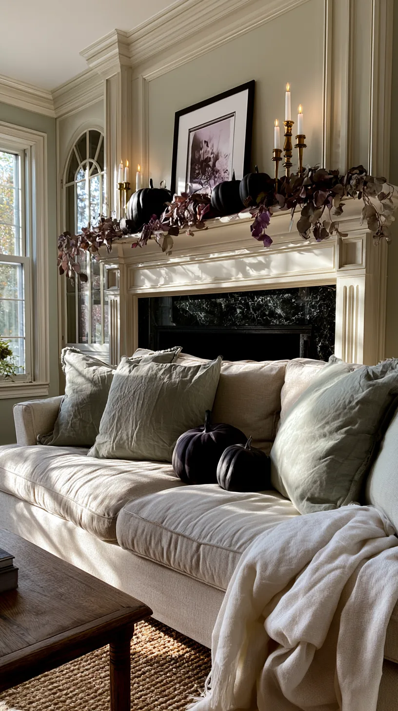 a Halloween mantel styled to match a sage green living room, photo 1 of 5