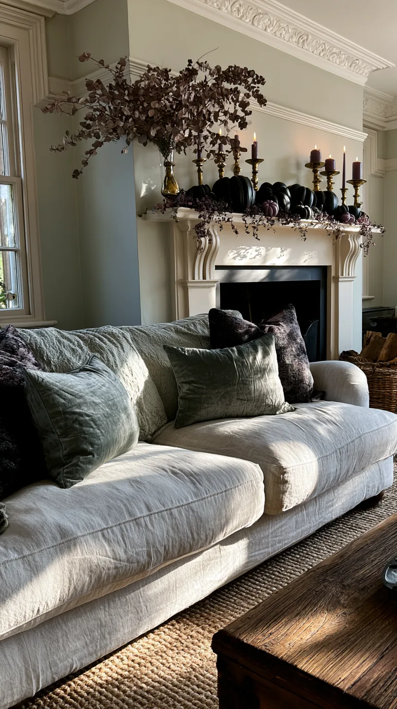 a Halloween mantel styled to match a sage green living room, photo 2 of 5