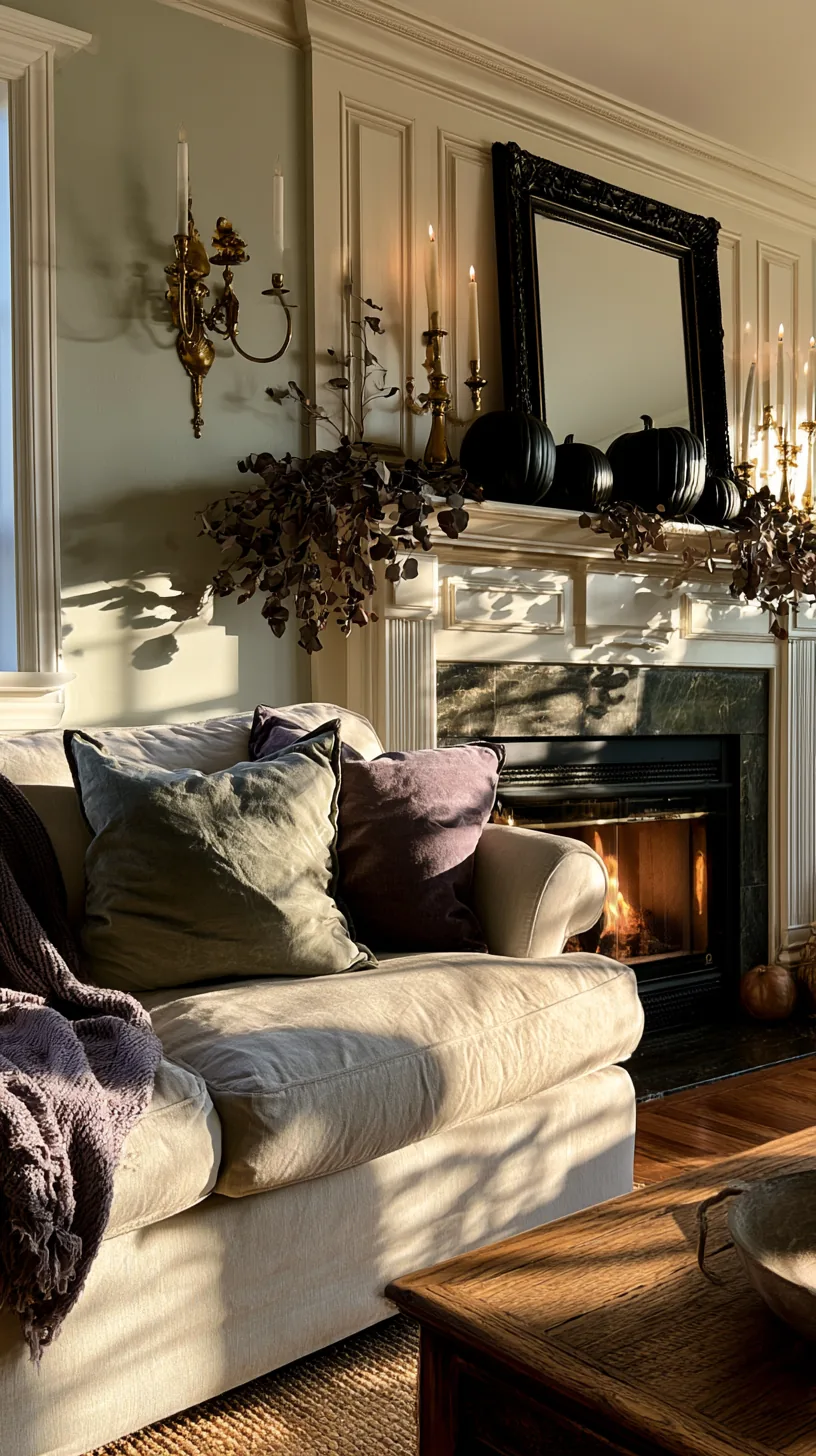 a Halloween mantel styled to match a sage green living room, photo 4 of 5