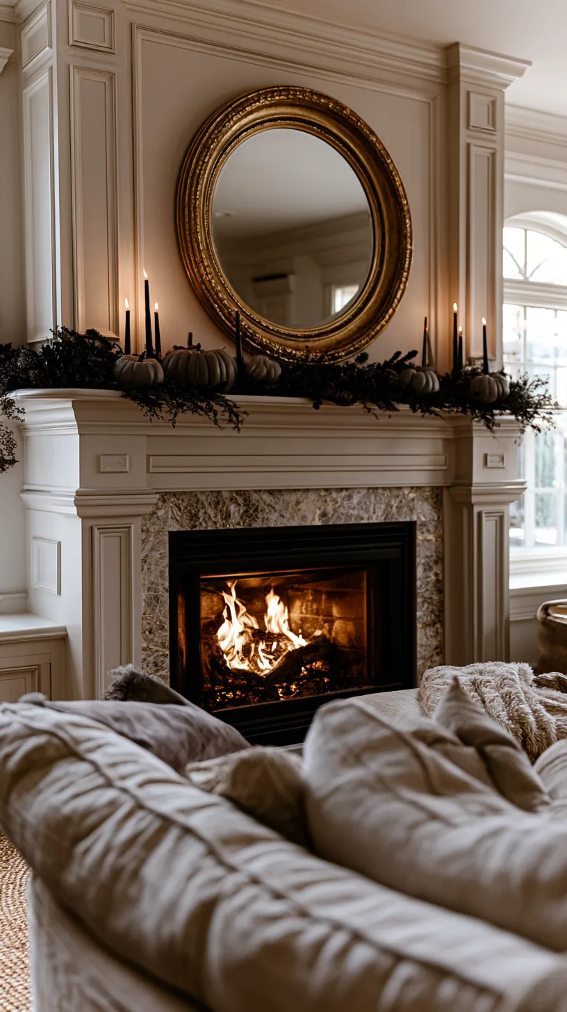 a round mirror hung above a high Halloween mantel, photo 1 of 6
