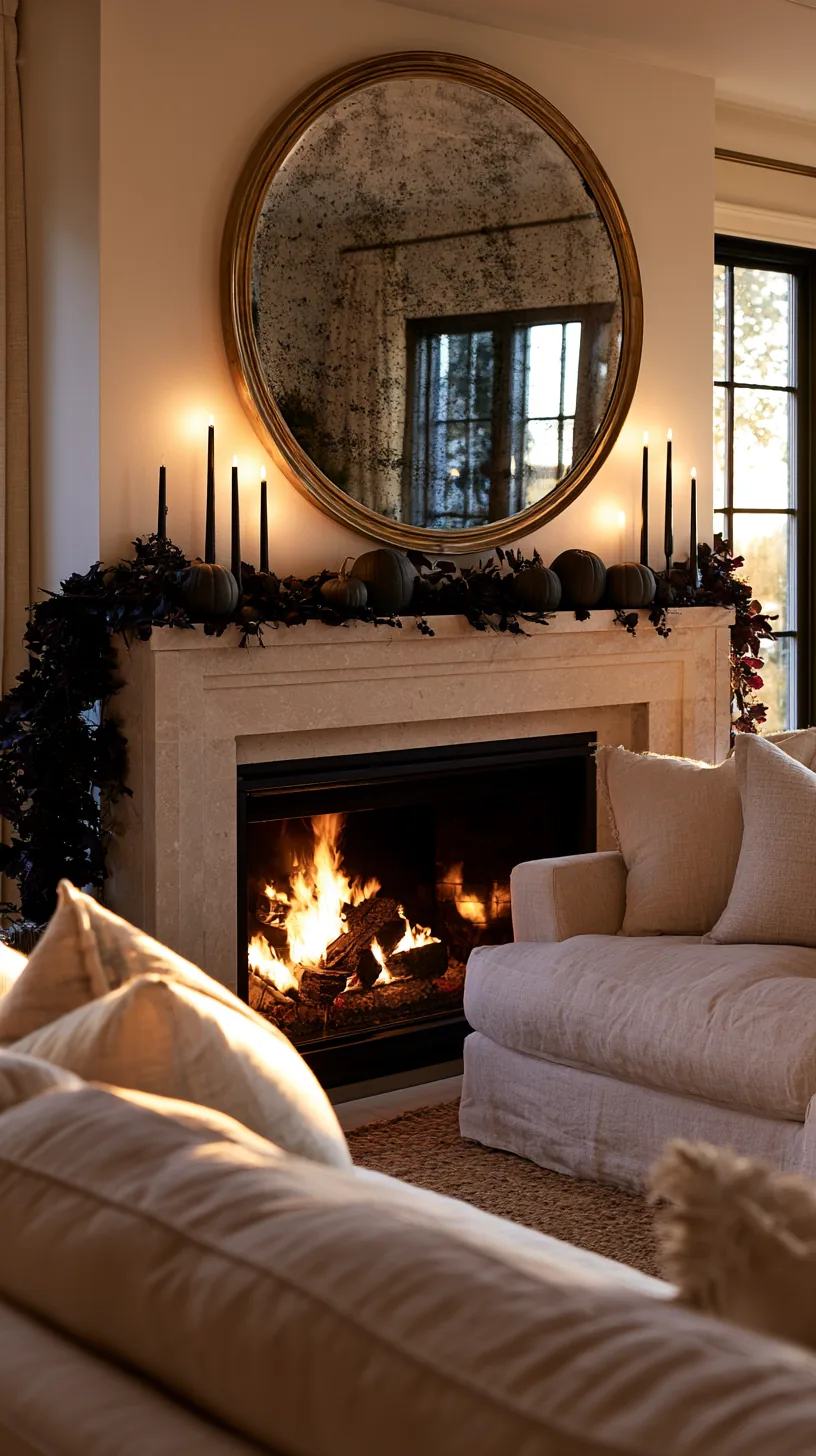a round mirror hung above a high Halloween mantel, photo 2 of 6