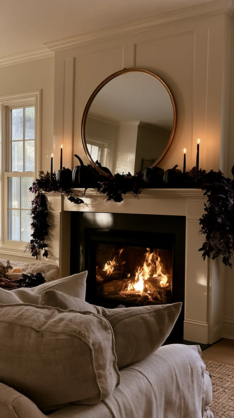 a round mirror hung above a high Halloween mantel, photo 3 of 6