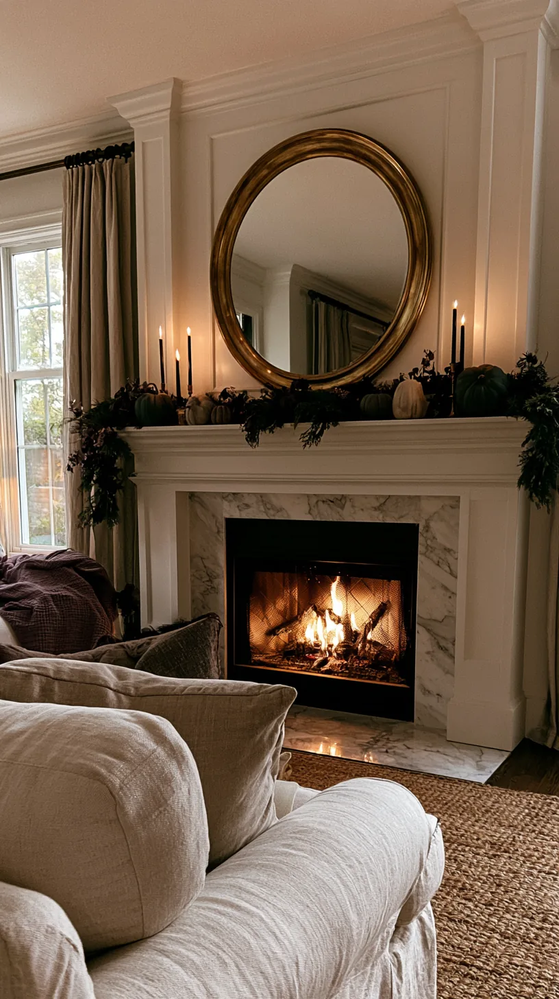 a round mirror hung above a high Halloween mantel, photo 4 of 6