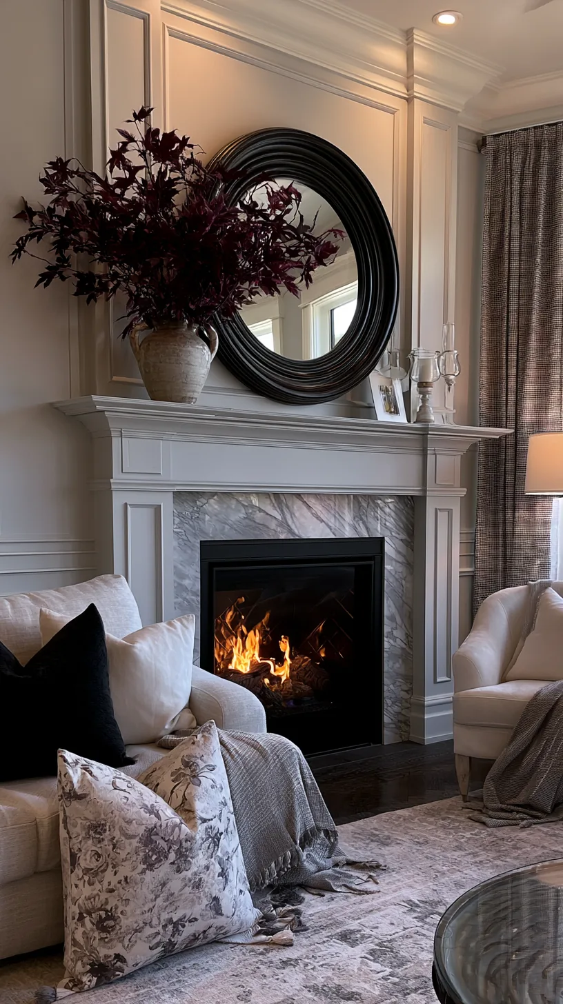 a round mirror hung above a high Halloween mantel, photo 5 of 6