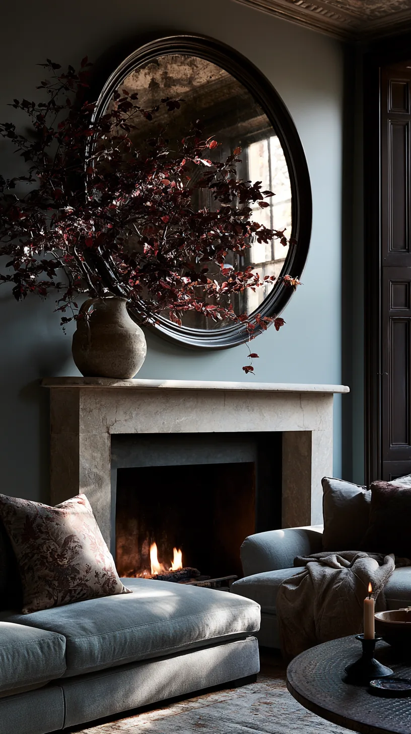 a round mirror hung above a high Halloween mantel, photo 6 of 6