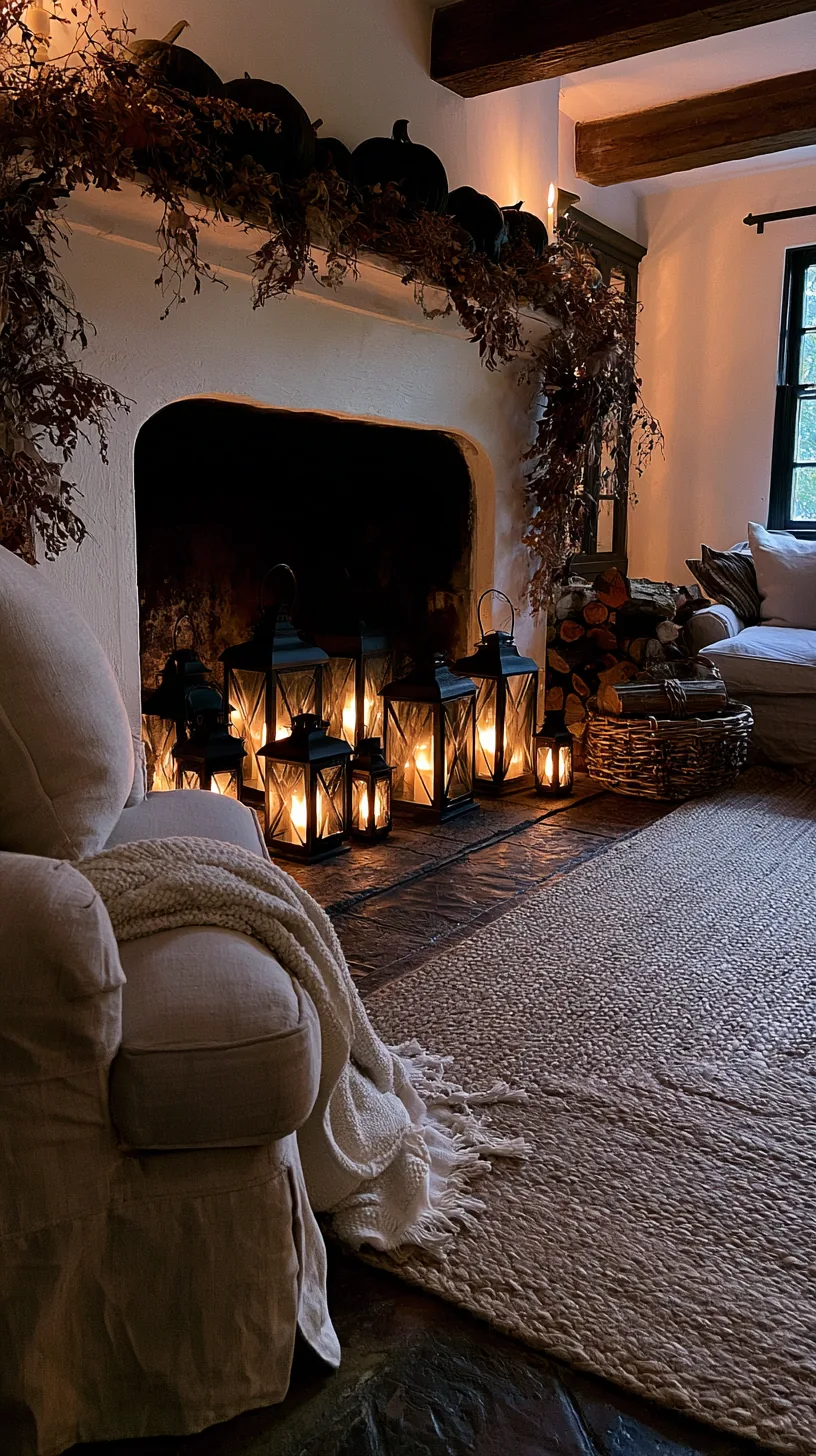 a dark firebox filled with lanterns below a Halloween mantel, photo 1 of 8