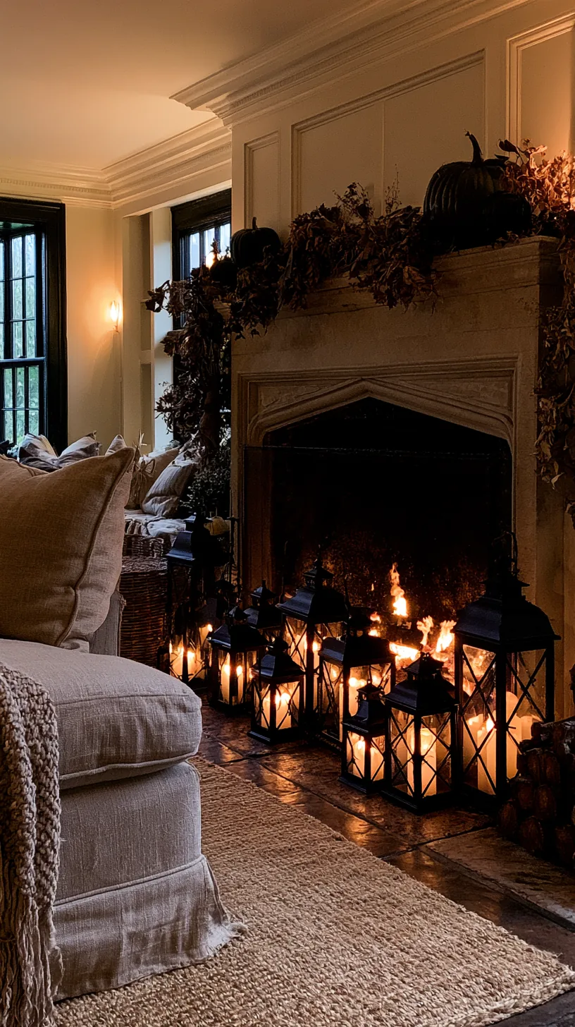 a dark firebox filled with lanterns below a Halloween mantel, photo 2 of 8