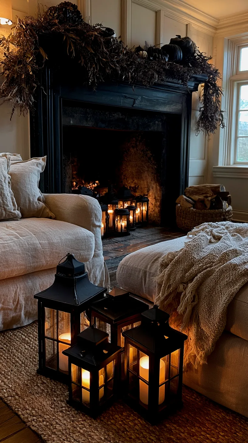 a dark firebox filled with lanterns below a Halloween mantel, photo 3 of 8