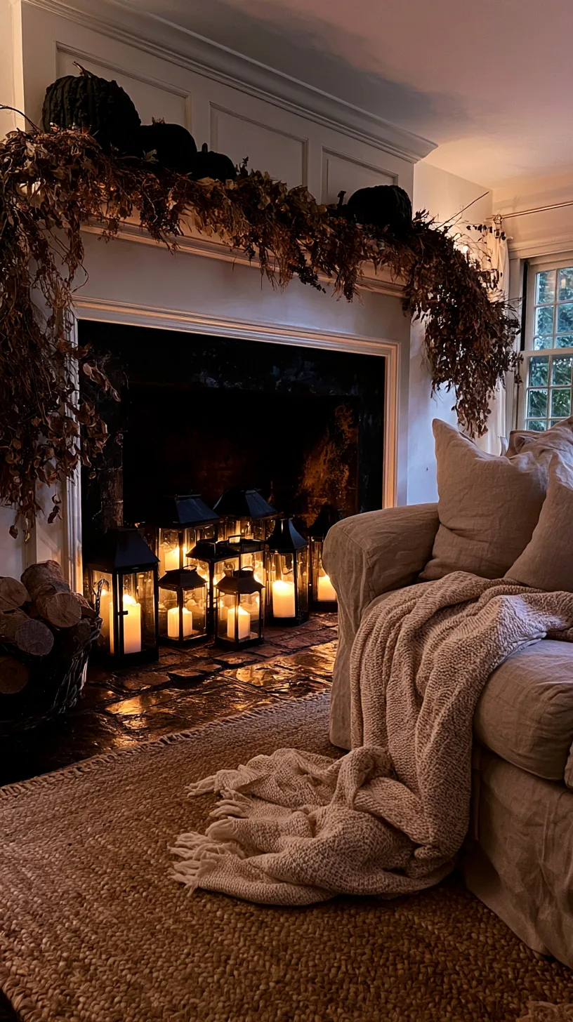 a dark firebox filled with lanterns below a Halloween mantel, photo 4 of 8